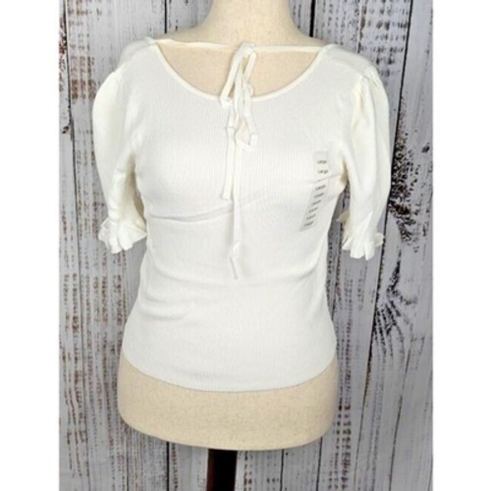 Lucy Paris Shirley Short Sleeve Ruffled Top White Women's Size L Ribbed